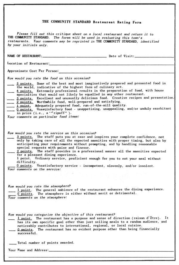 The Community Standard Restaurant Rating Form